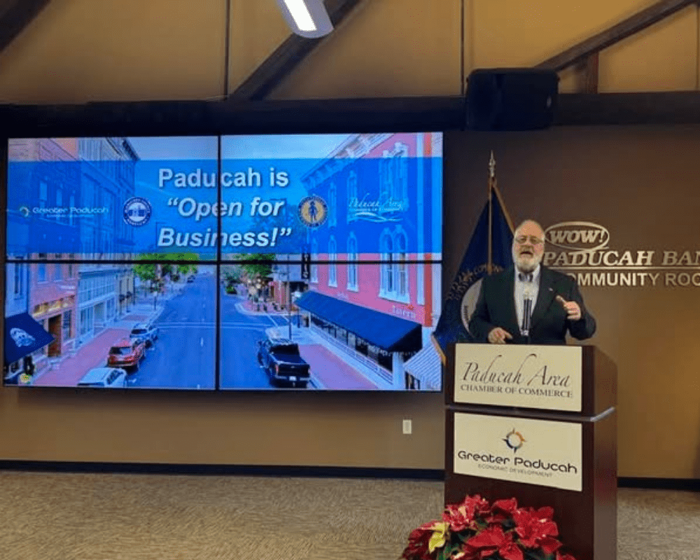 Judge Executive Craig Clymer speaks to Paducah Area Chamber of Commerce about state of McCracken County